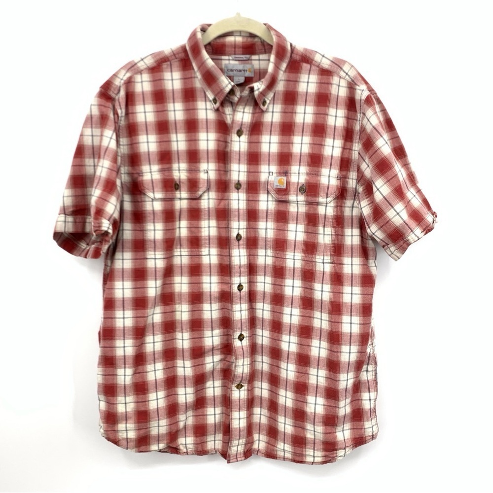 Carhartt Men Size Large Shirt Button Down Top Red Checkered Plaid Short Sleeve
